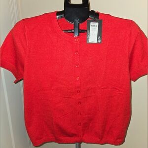 Women's Chic Red Short Sleeve Knit Button-Up Cardigan Cropped Large